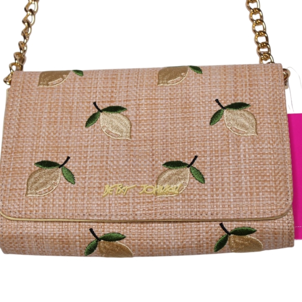 Betsey Johnson Lemon Raffia Cream Crossbody Chain Bag